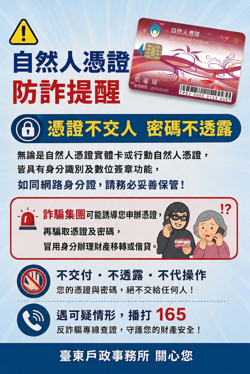 自然人憑證實體卡或行動自然人憑證， 皆具有身分識別及數位簽章功能， 如同網路身分證，請務必妥善保管！-詳細內容請按我