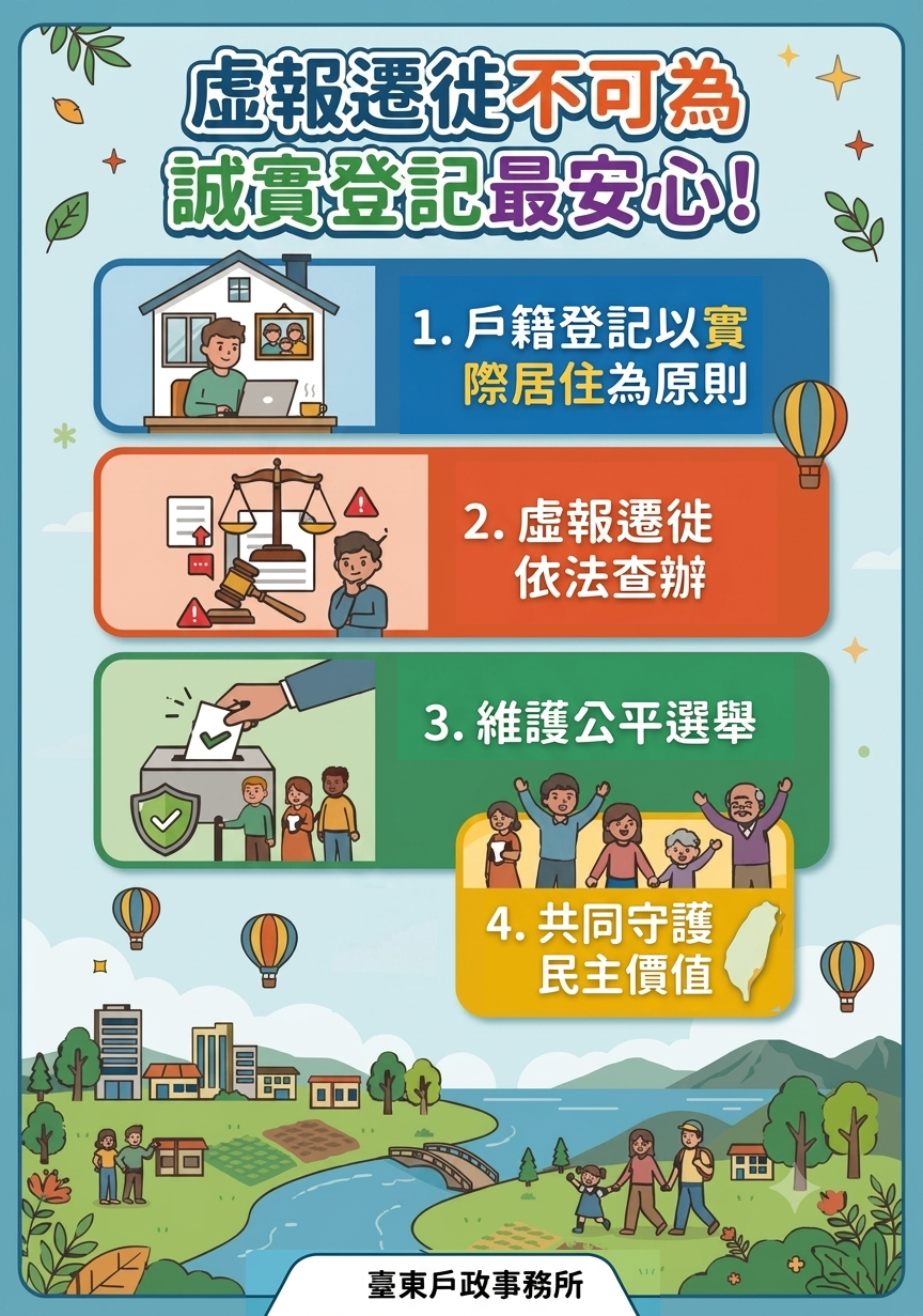 辦理戶籍遷徙必須有「實際居住事實」，若虛報遷徙經查獲，將依《戶籍法》處以罰鍰。-詳細內容請按我